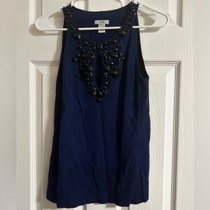 Cache Blue Sleeveless Ribbed Knit Top Embellished with Black Beads Size: M